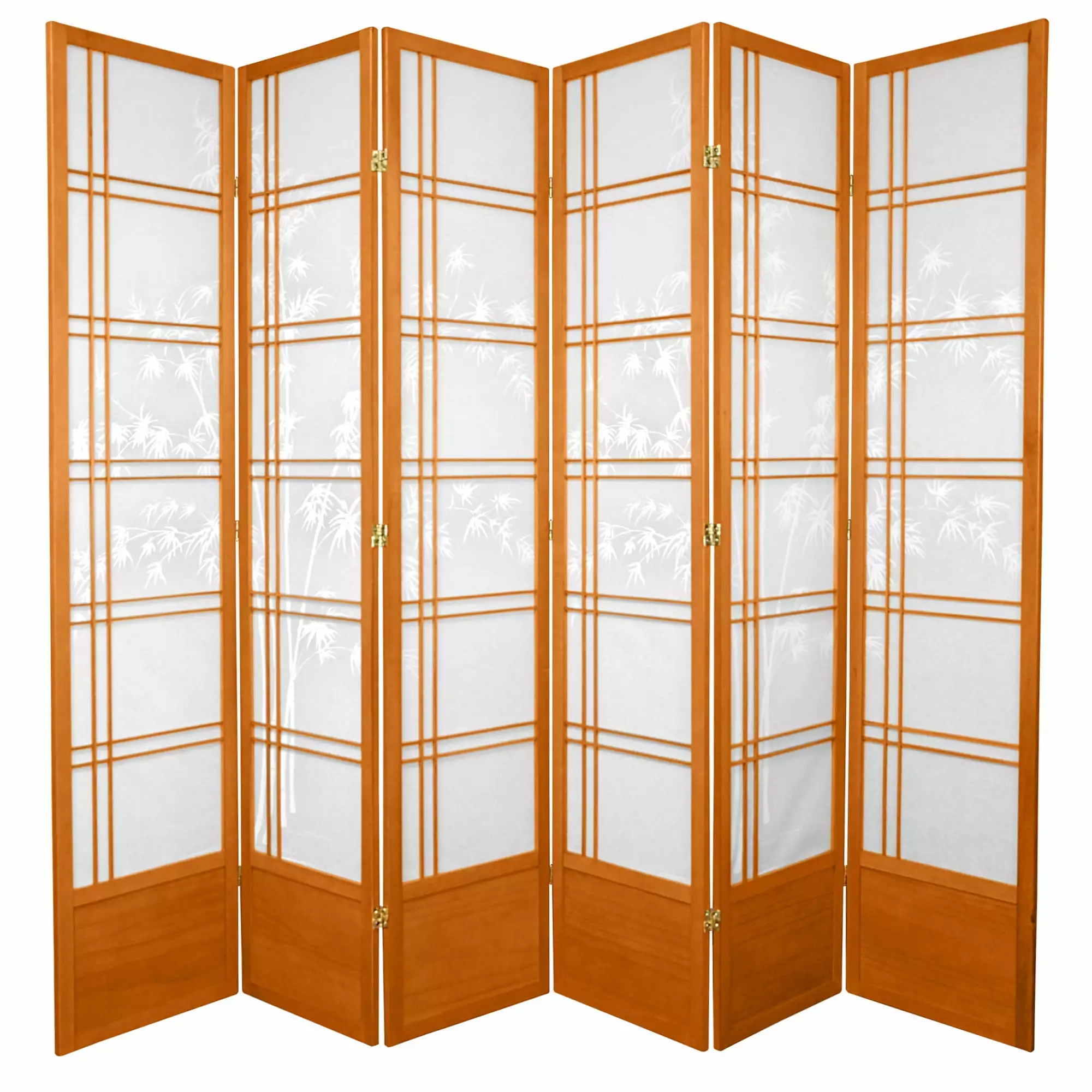 7 ft Luxury Japanese Design Bamboo Tree Print Screen Honey 6 Panels Oriental Furniture