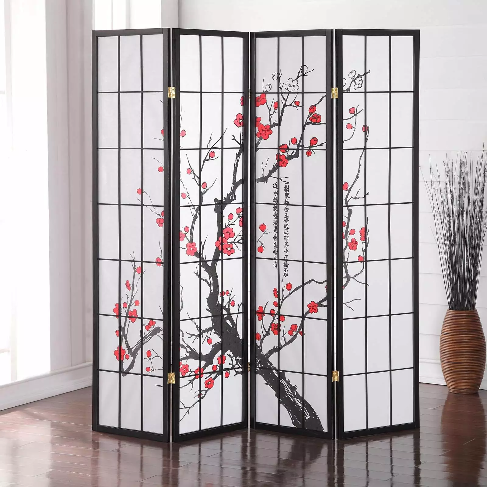 Roundhill Furniture Japanese 4-Panel Screen Room Divider Plum Blossom