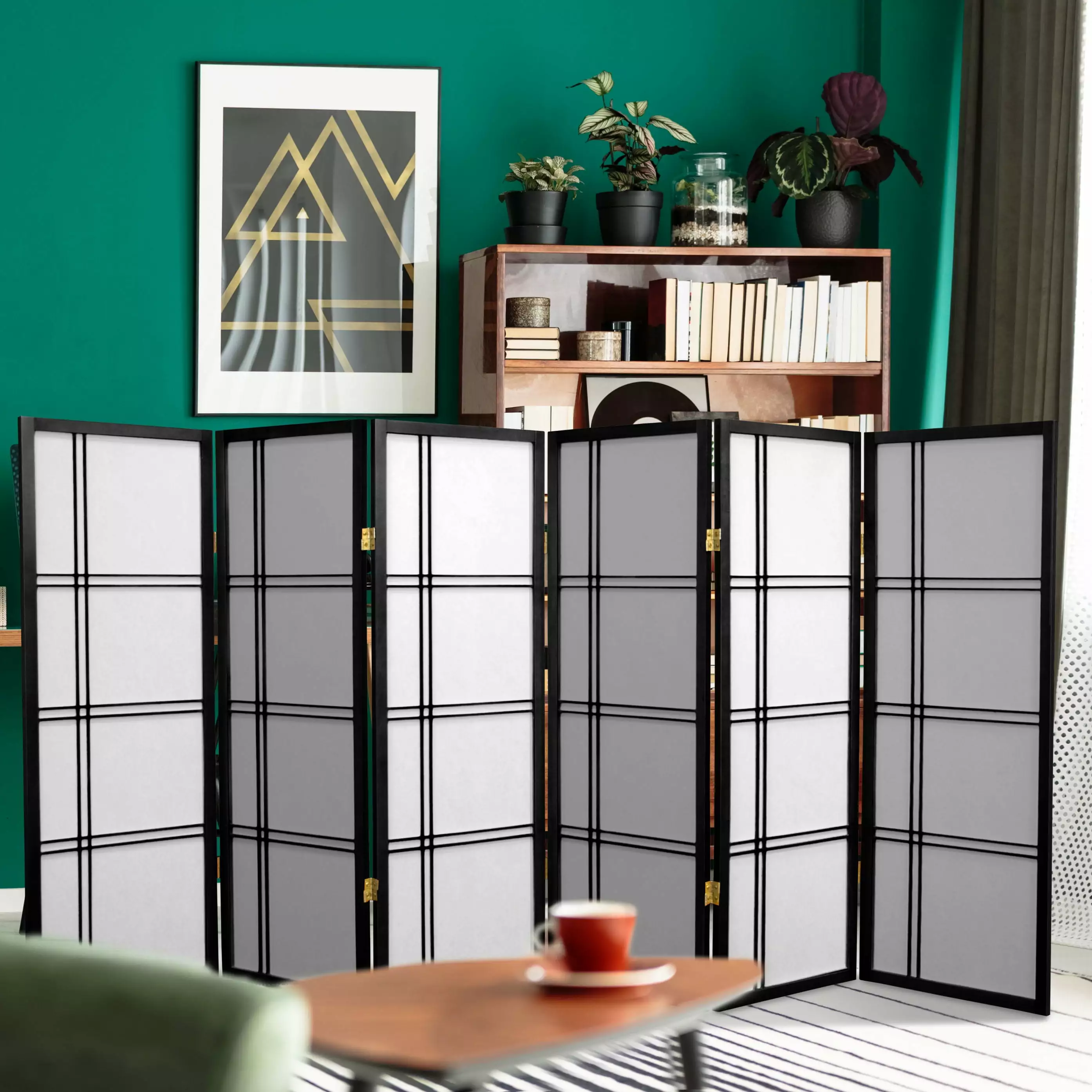 4ft Tall Japanese Design Double Cross Lattice Screen Black 6 Panels Oriental Furniture