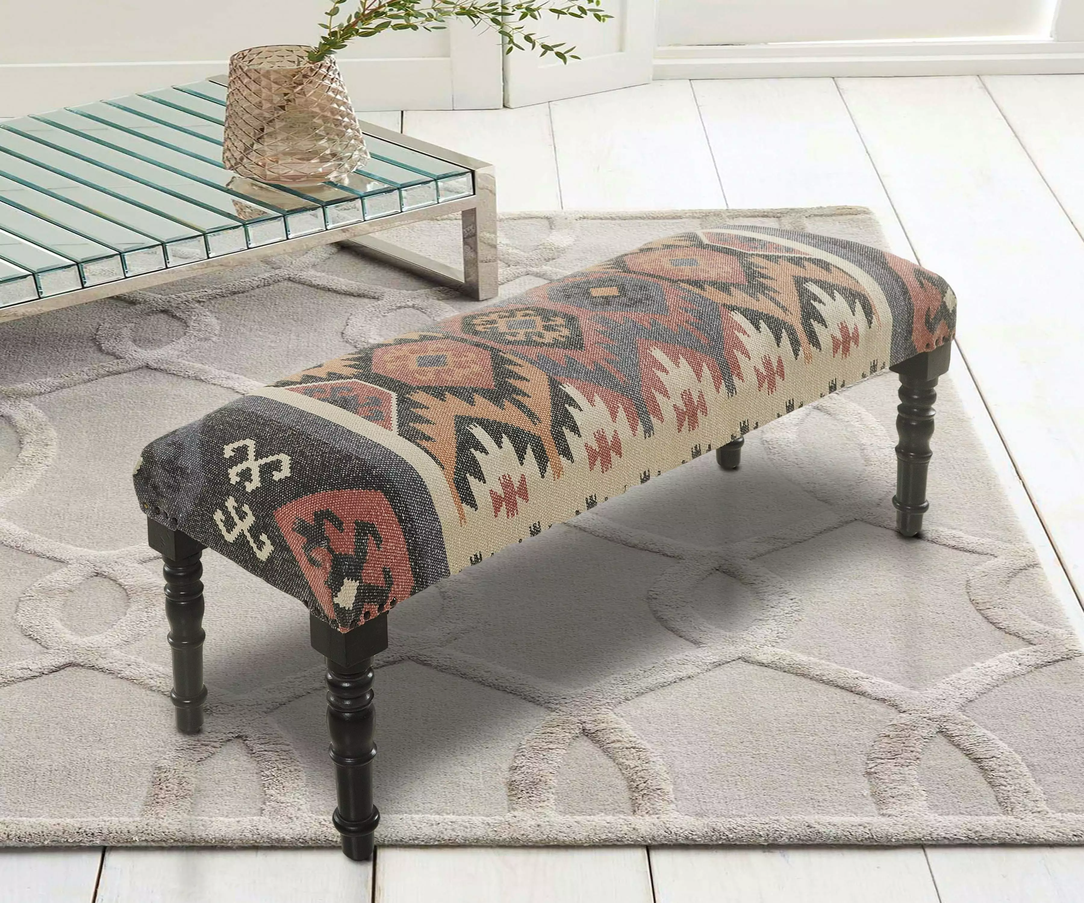 LR Home Raelyn Colorful Ethnic Natural Jute Indoor Bench Multi Colors Benches