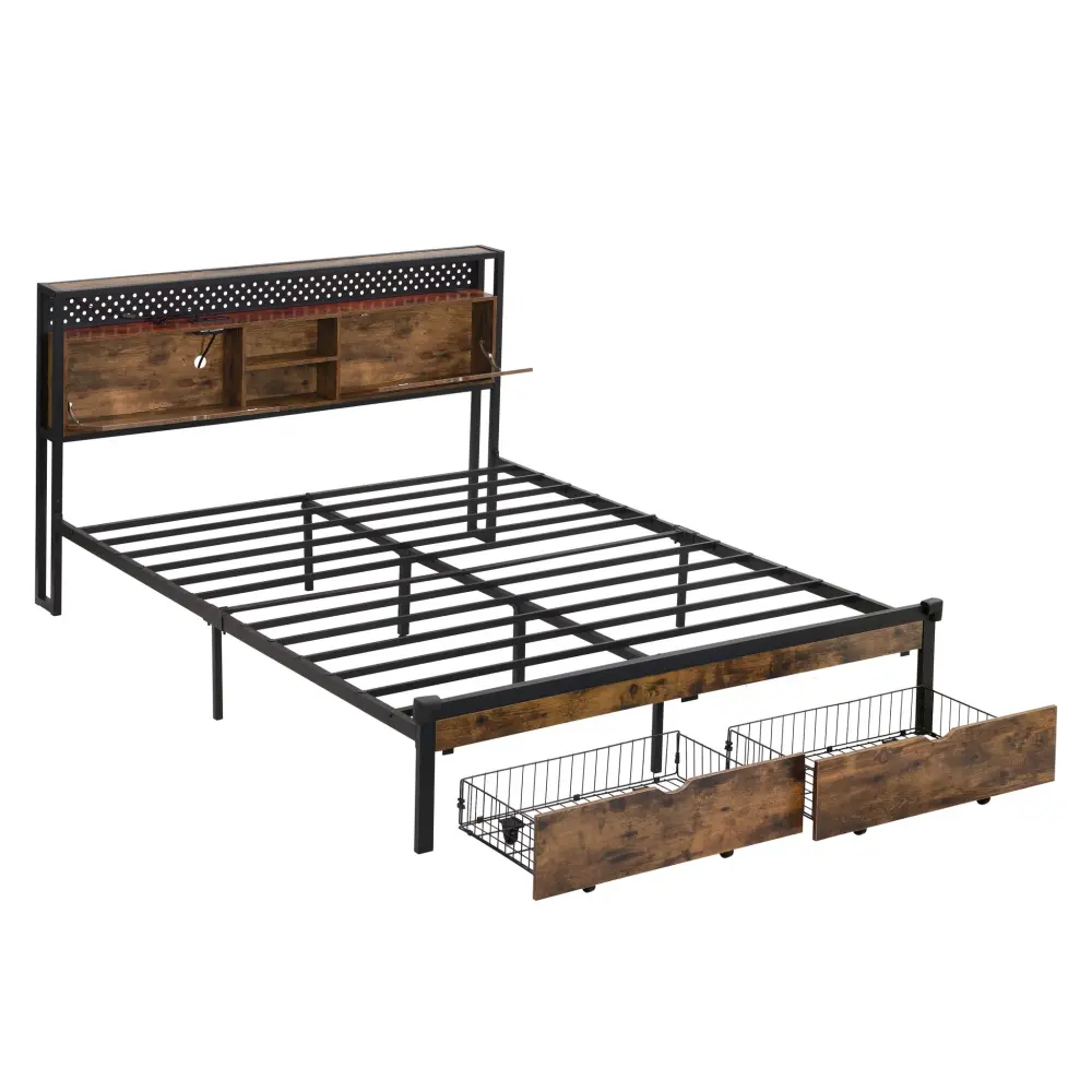 Modern Metallic Platform Bed Frame Wooden Headboard, USB Charging Station, Storage Drawers