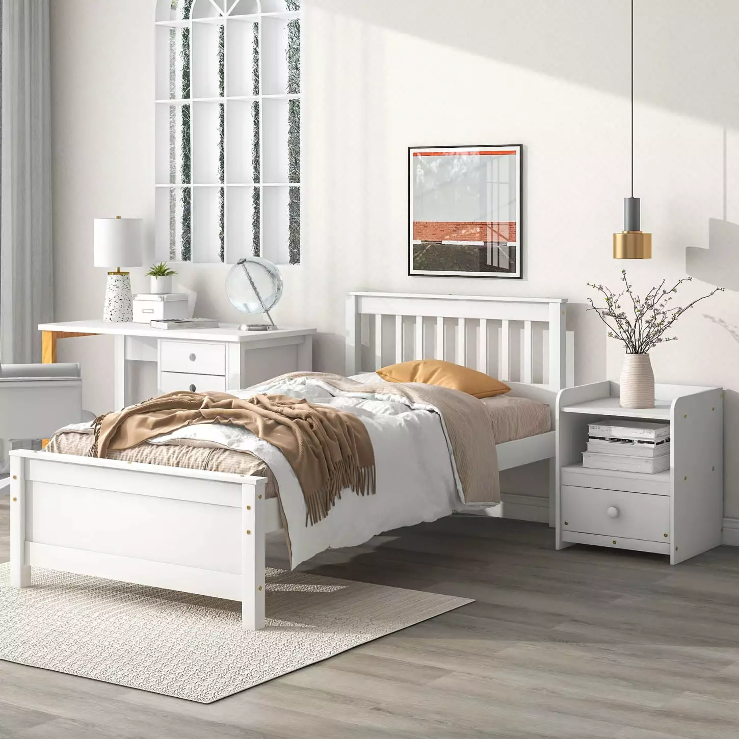 White Twin Pine Bed Modern Headboard and Footboard Kids Teens and Adults Matching Nightstand HATNOKIL