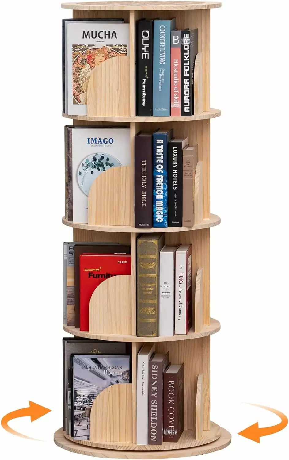 BIZFURN 360 Degree Rotating Bookshelf Tower 4-Tier Revolving Bookcase Kids Adults Solid Wood Corner Shelf Natural Classic