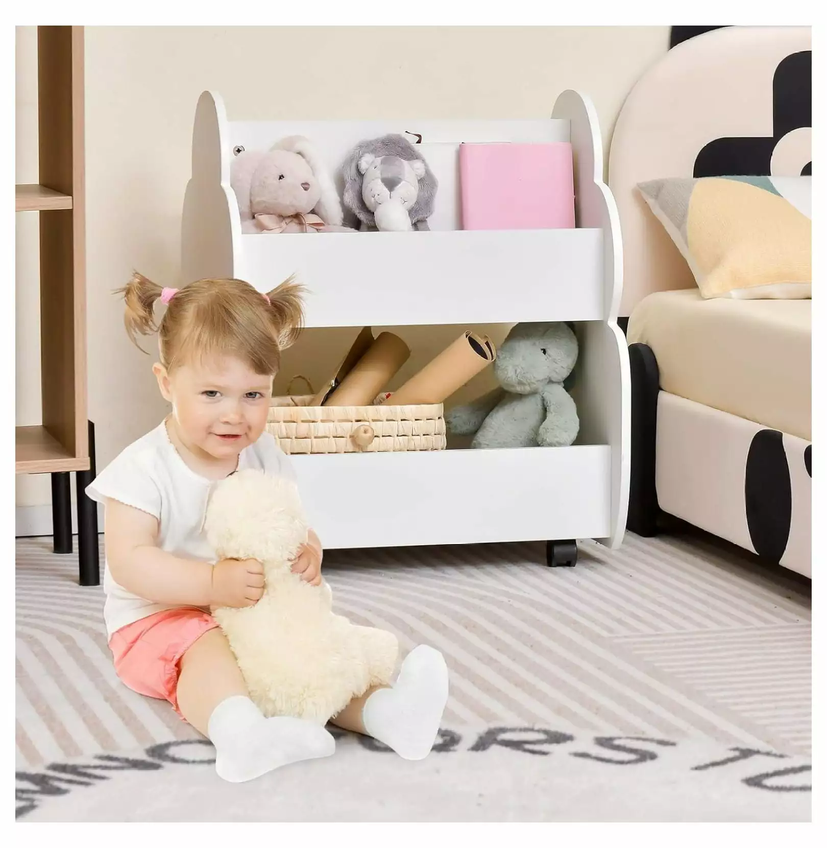 Drevy Kids Bookshelf Wheels Wooden Bookcase Toy Storage Cabinet Organizer Holder Toddler Display Stand Book Rack Bedroom P...