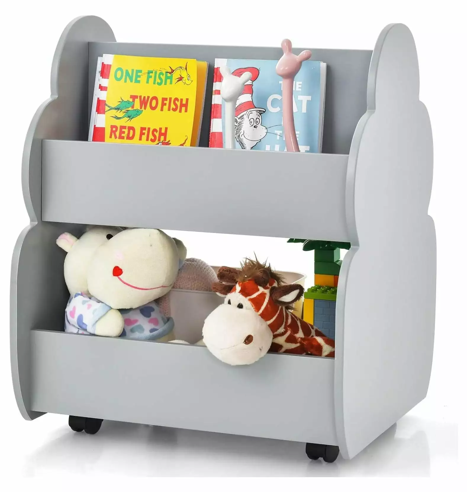Drevy Kids Bookshelf Wheels Wooden Bookcase Toy Storage Cabinet Organizer Holder Toddler Display Stand Book Rack Bedroom P...