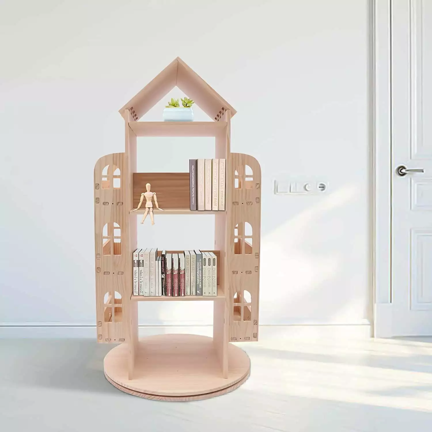 Fichiouy 360 Rotating 4-Tier Bookshelf Display Rack Stand Freestanding Storage Shelf Kids Display Case Bookrack