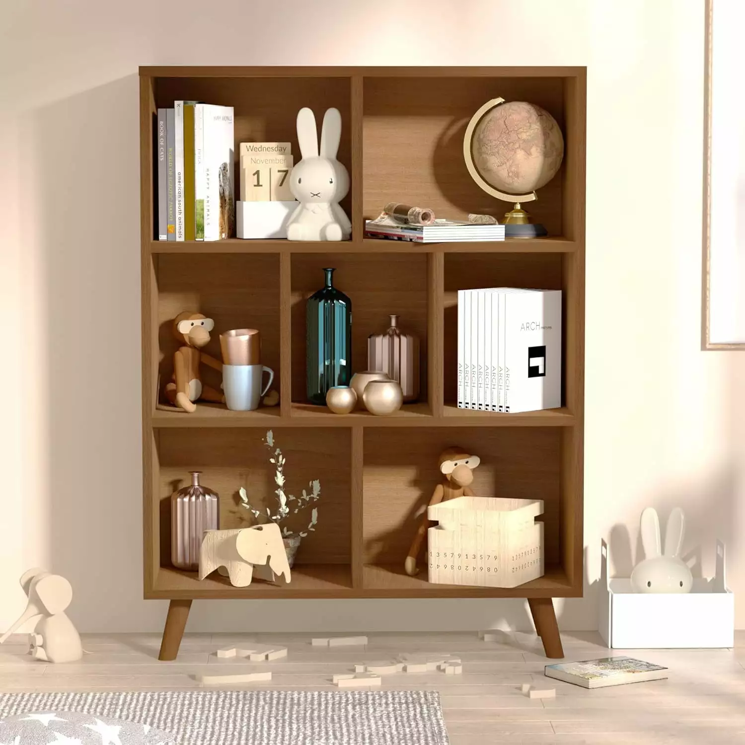 Brown Mid-Century Modern 3-Tier 7 Cube Wood Bookcase Legs Kids Bedroom Living Room FYB