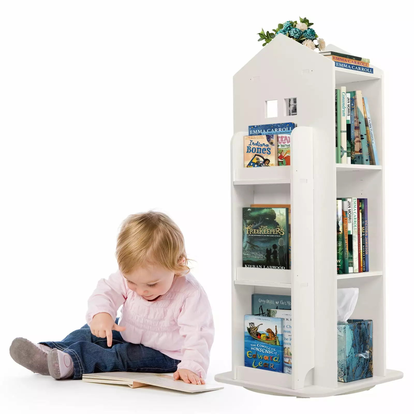 IAJXWI Rotating Bookshelf 360 Floor-Standing House Shape Bookcase Kids Bedroom Study Living Room