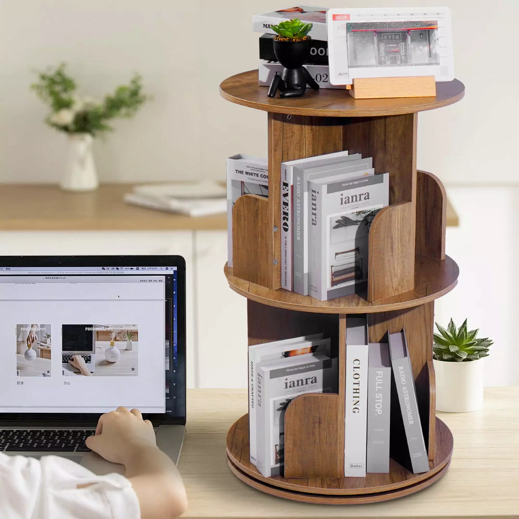 IAJXWI Small Rotating Bookshelf 2 Tier Revolving Bookcase 360 Display Round Wooden Spinning Bookshelf Storage Kids Books