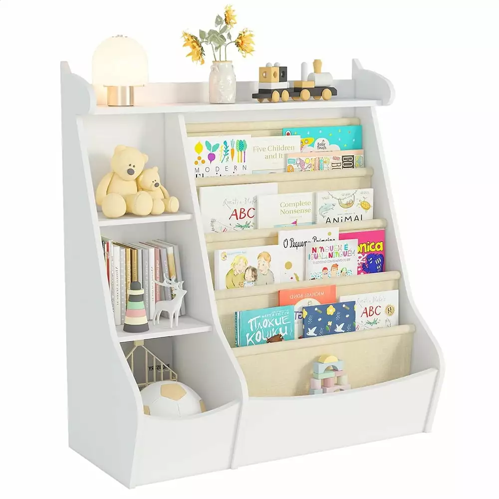 JIAOBAIKids Bookshelf Toy Storage Organizer 4 Layer Sling Bookcase