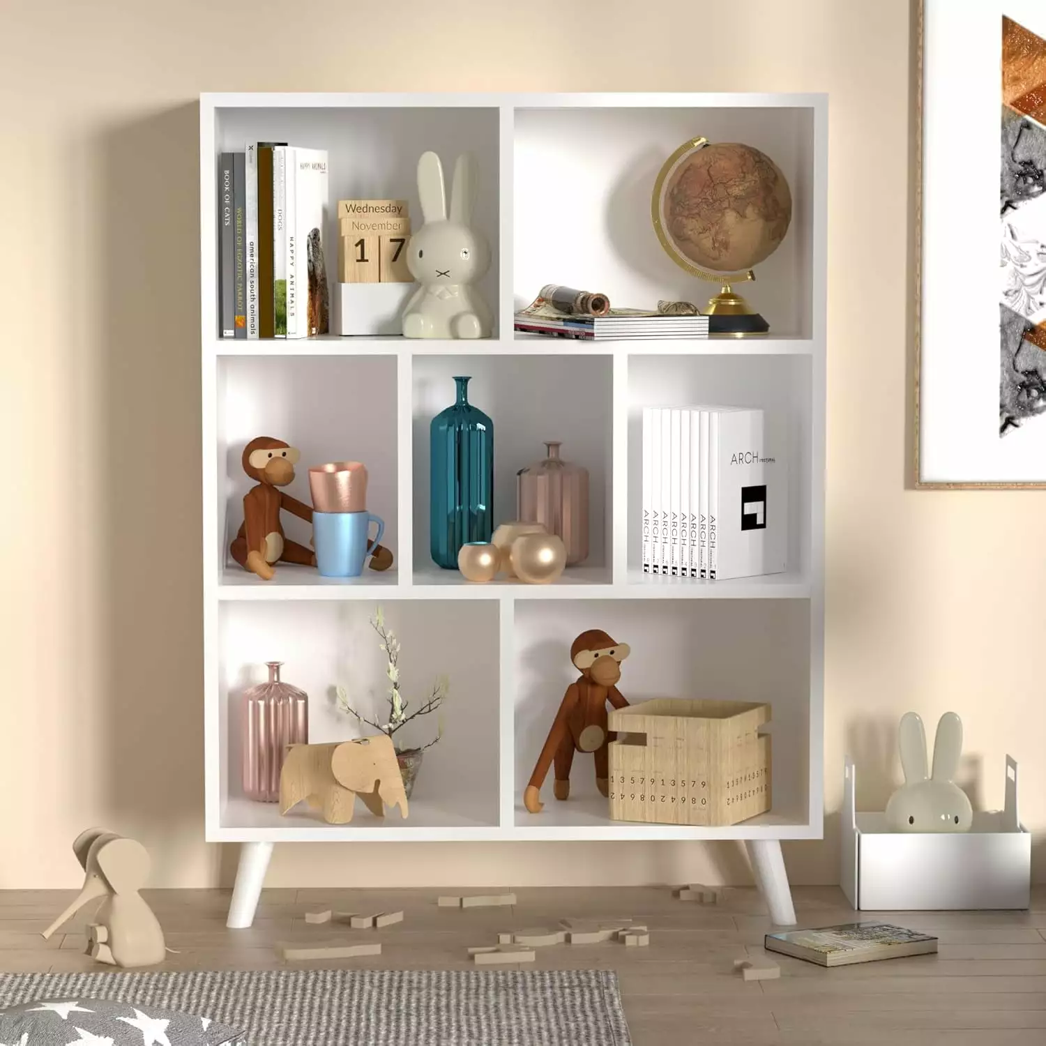 White Mid-Century Modern 3-Tier Bookshelf 7 Cube Wood Bookcase Legs Minimalist Kids Bookcase LHY