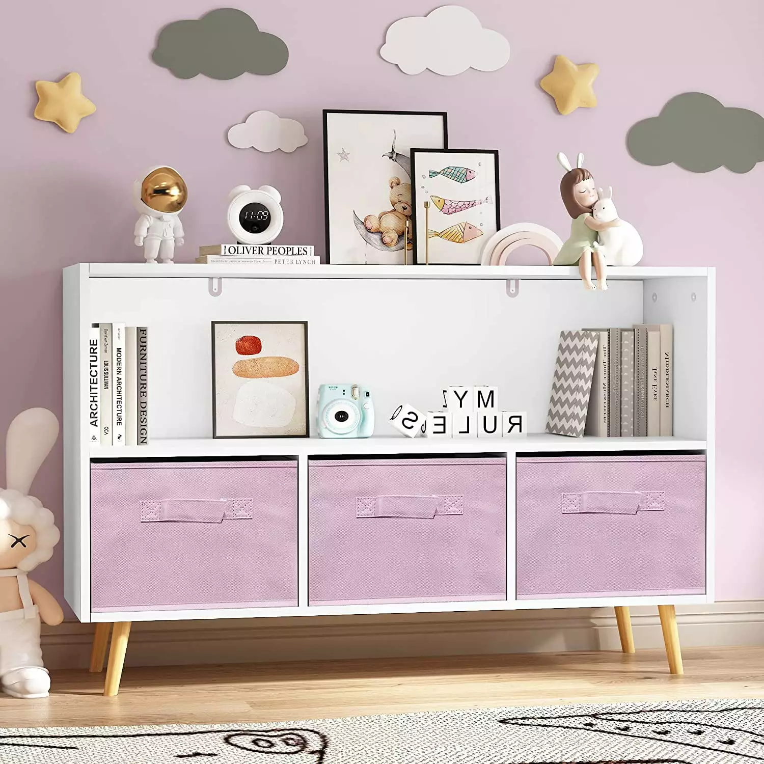 Kids Bookcase Collapsible Fabric Drawers Book Organizer Children's Book Display Toy Storage White Pink SSH