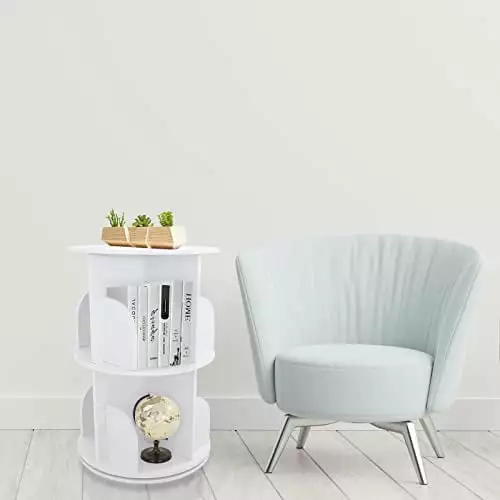 Rotating Bookshelf 360 Display 2 Tier Floor Standing Bookcase White Storage Rack Stackable Shelves Kids Adults Solid Wood ...