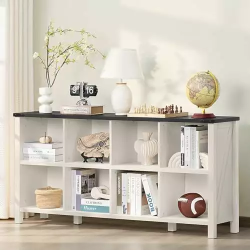 8 Cube Book Shelf Farmhouse Wood Long Storage Organizer Bookcase Antique White Black Console Kids Toy Storage Cabinet XINZHEN