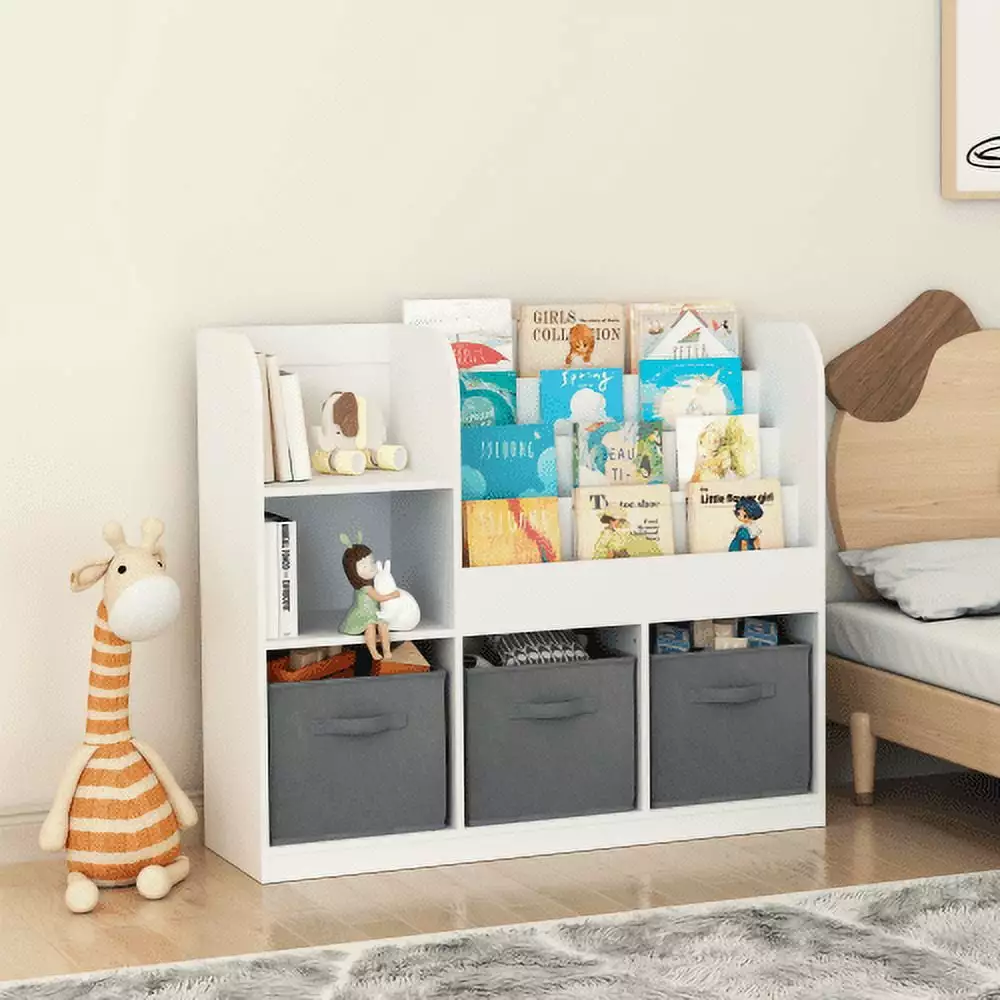 Zateety Kids Bookcase 3 Collapsible Fabric Drawers Bookcase Display Stand Toy Storage Organizer