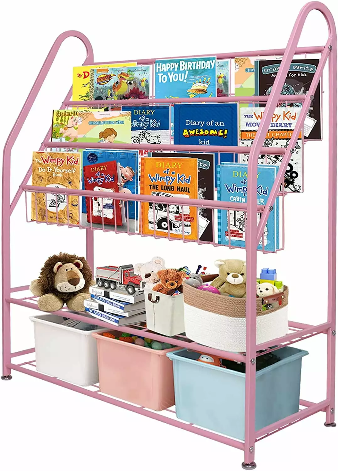 aboxoo Metal Kids Pink Bookshelf Freestanding Girls Room 32 Inches Large Toddler Bookcase