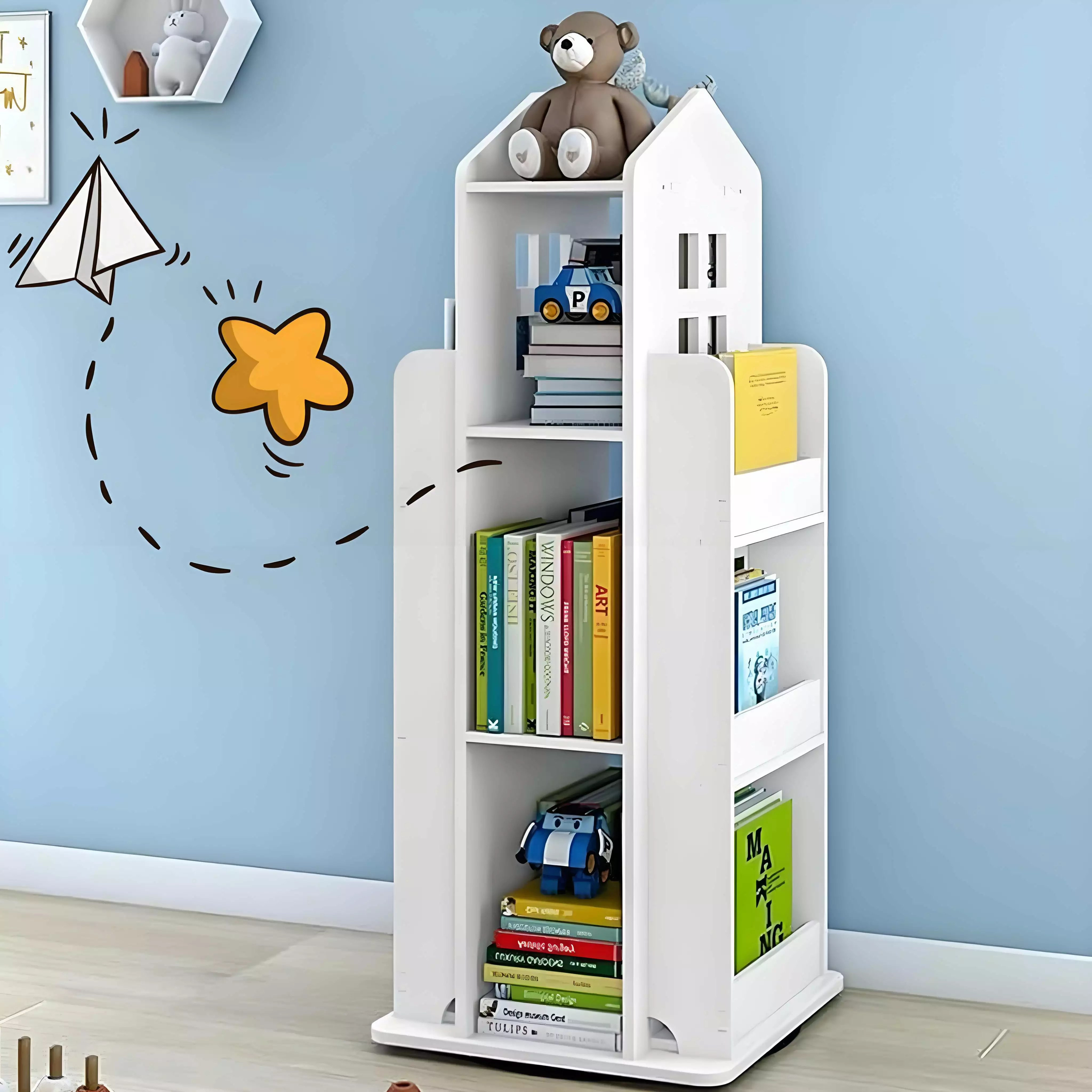 Gtouse 3 Tier Rotating Bookshelf 360 Display Corner Bookshelf Kids Wooden Floor Standing