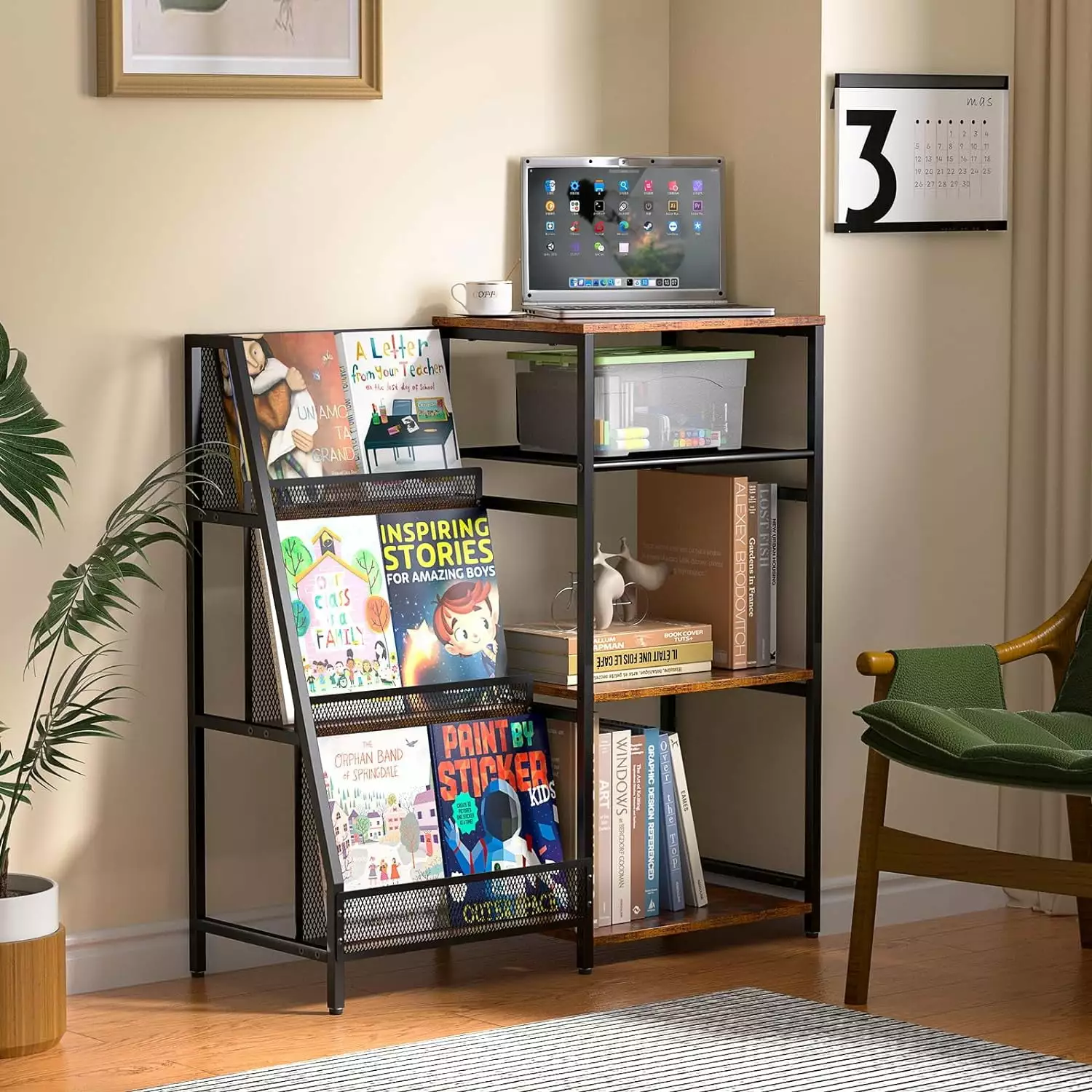 Small Book Shelf 3-Tier Ladder Display Rack Wooden Kids Bookshelf Home Office Vintage Organizer NTXC2