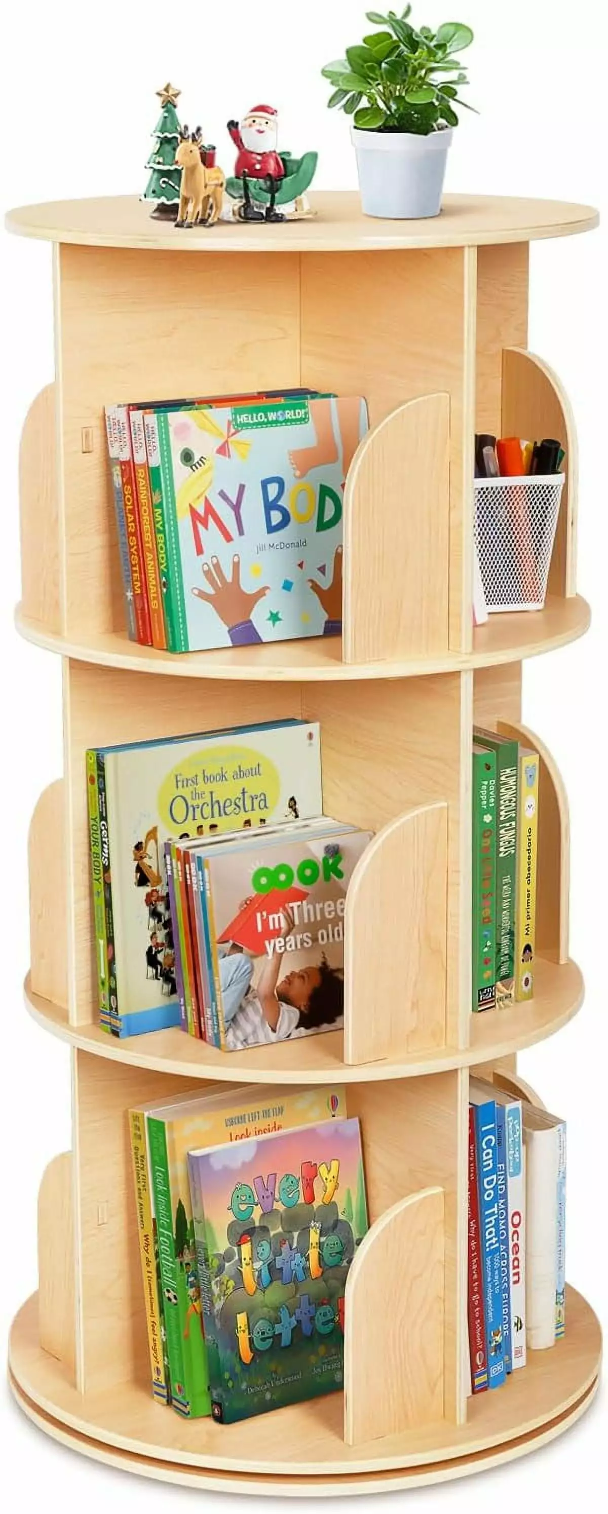 Kids Rotating Bookshelf 360° Display 3 Tier Floor Standing Wooden Narrow Bookcase Organizer Small Spaces OOOK