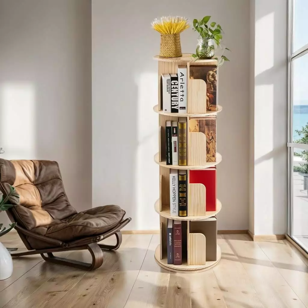 Rotating Bookcase 4 Tier Swivel Wood Bookshelf 360 Display Floor Standing Kids and Adults SENYI