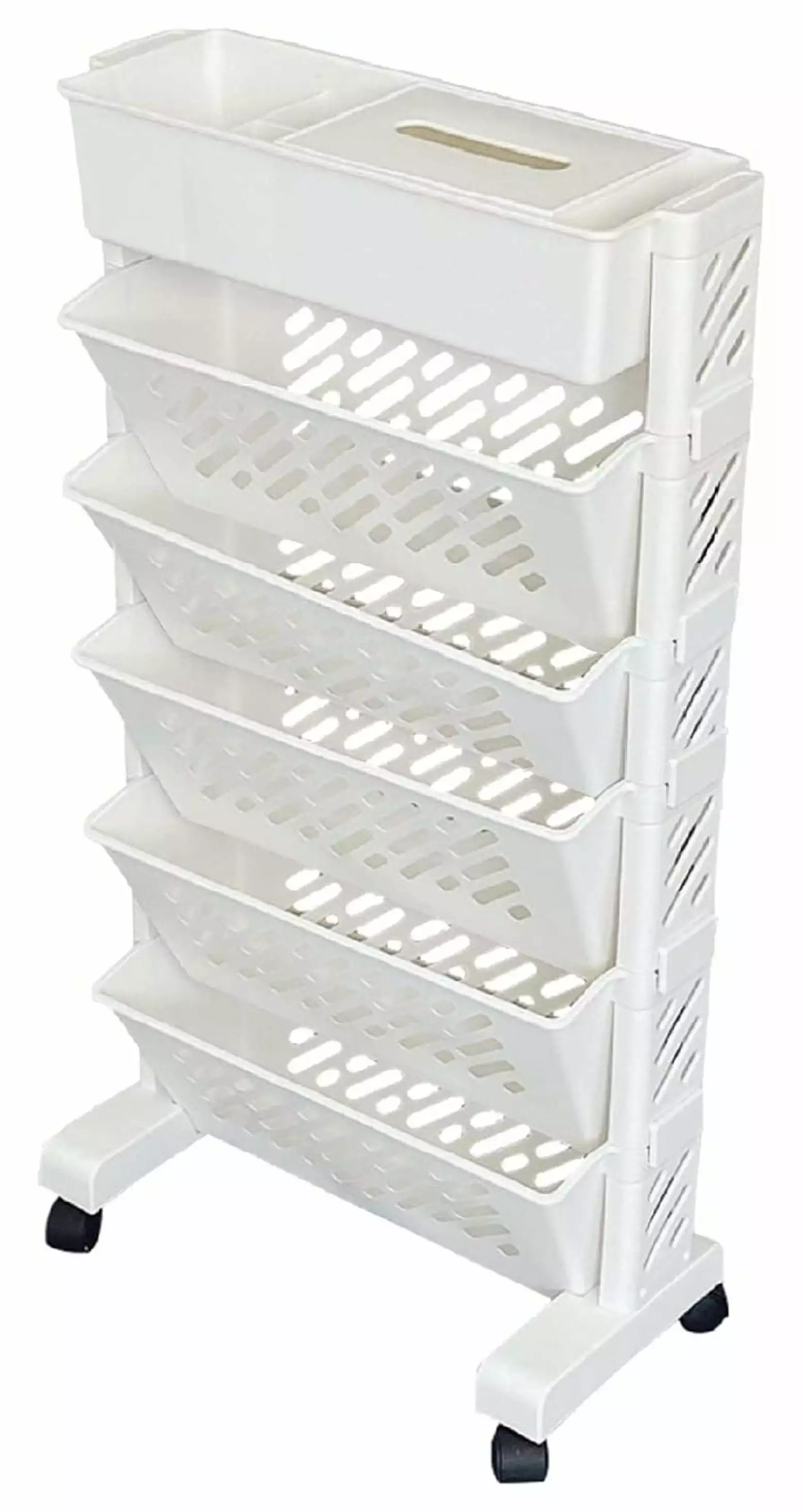 ZeloraGildan 5 Tier Mobile Bookshelf Removable Movable Unique Bookcase Utility Organizer White Wheels Kids Students