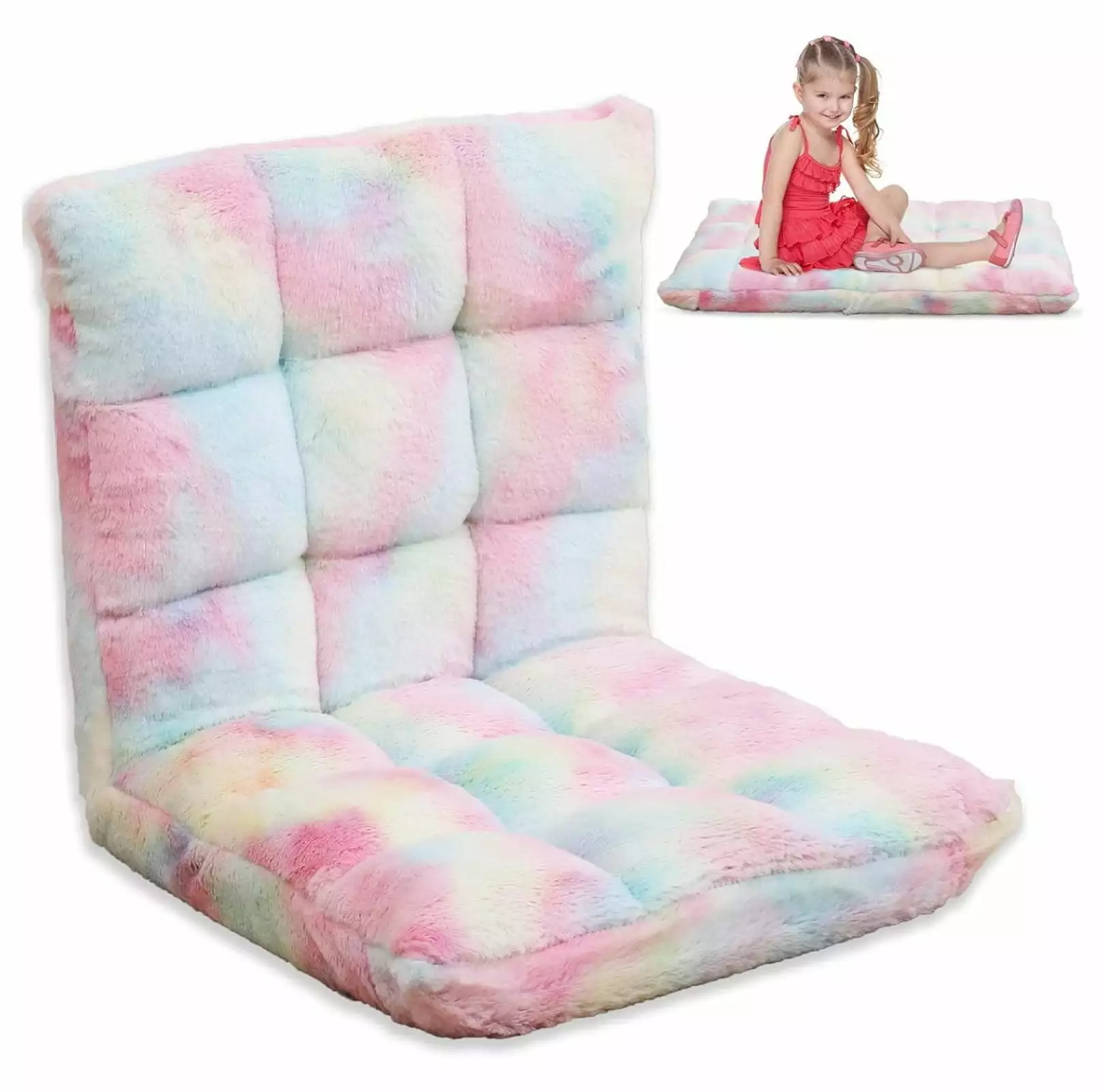 Recline Floor Chair Plush Faux Fur Upholstery 6-Position Gaming Chair Kids Teens Adults Tie Dye Rainbow Drevy