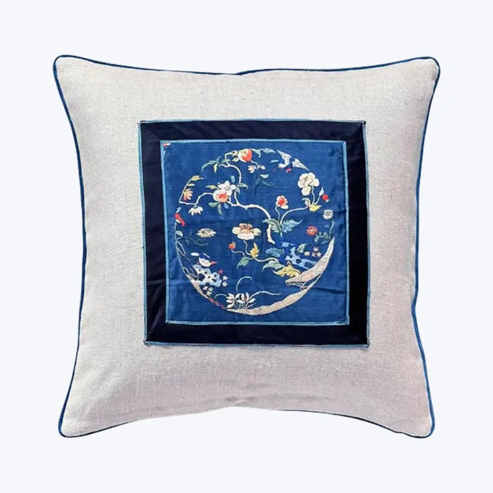 Vintage Silk Embroidery Pillow, Moon Garden