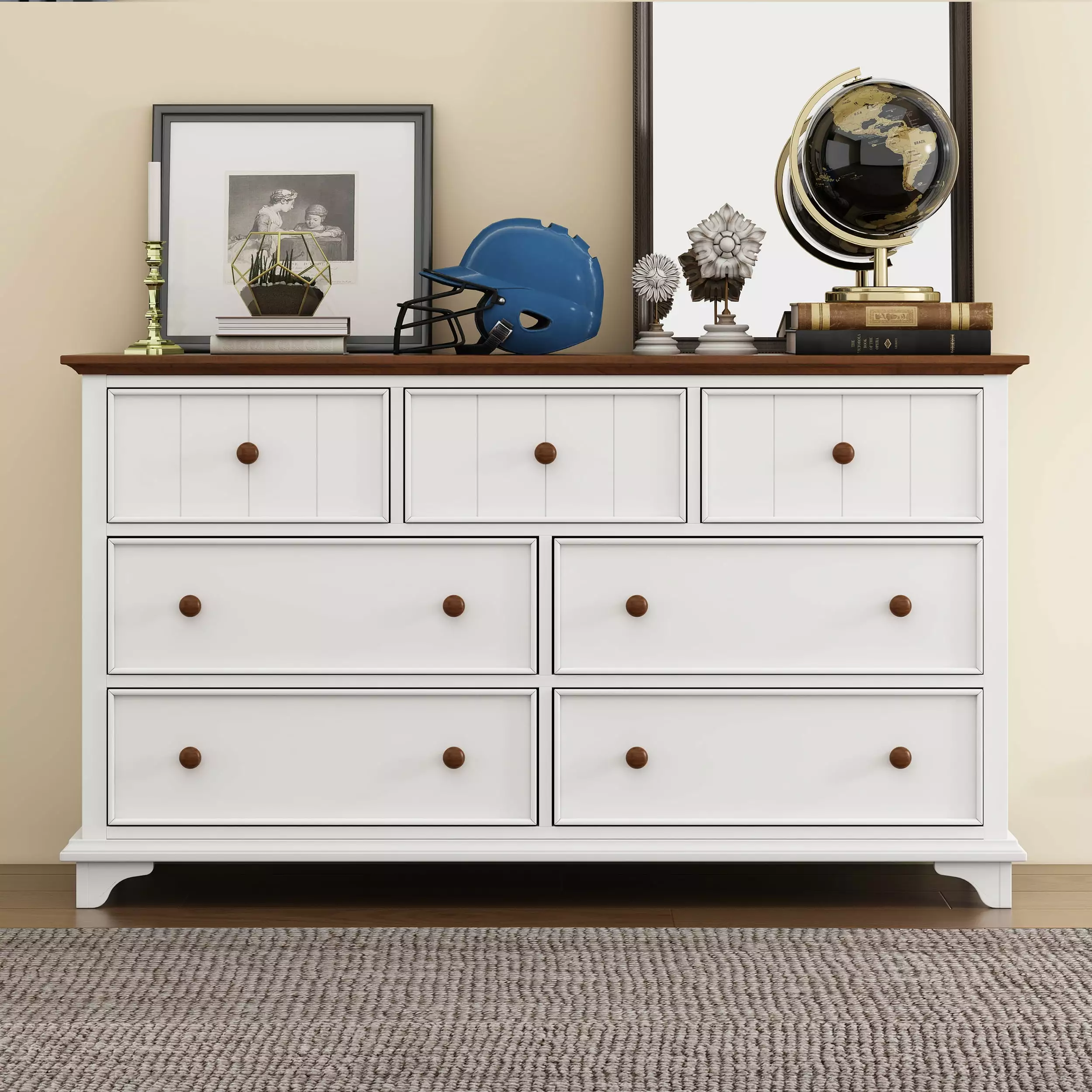 Wooden Captain Seven-Drawer Dresser White and Walnut - Versatile Storage Bedroom Living Room Kids Room Jamini