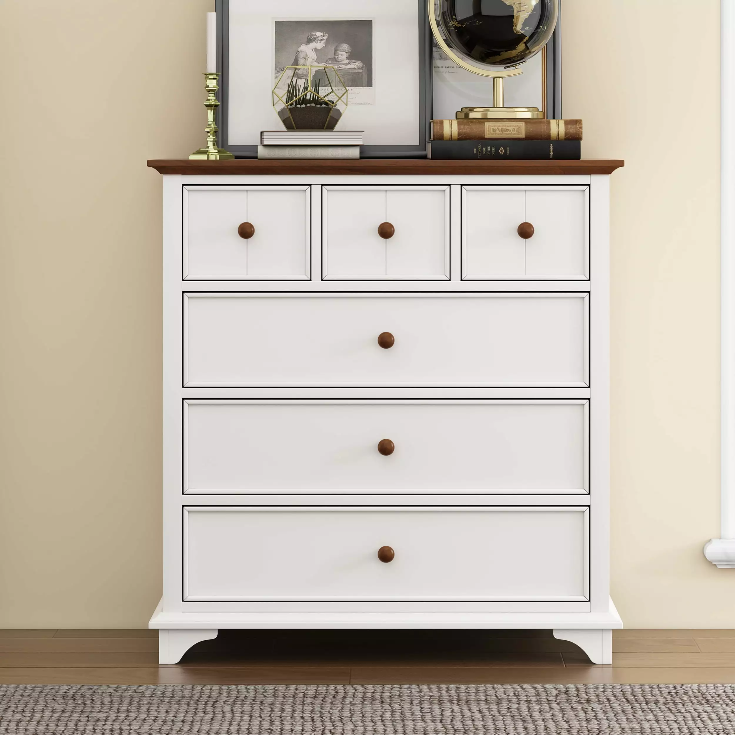 Wooden Captain Six-Drawer Chest Bedroom Living Room Kids Room White and Walnut Wobythan