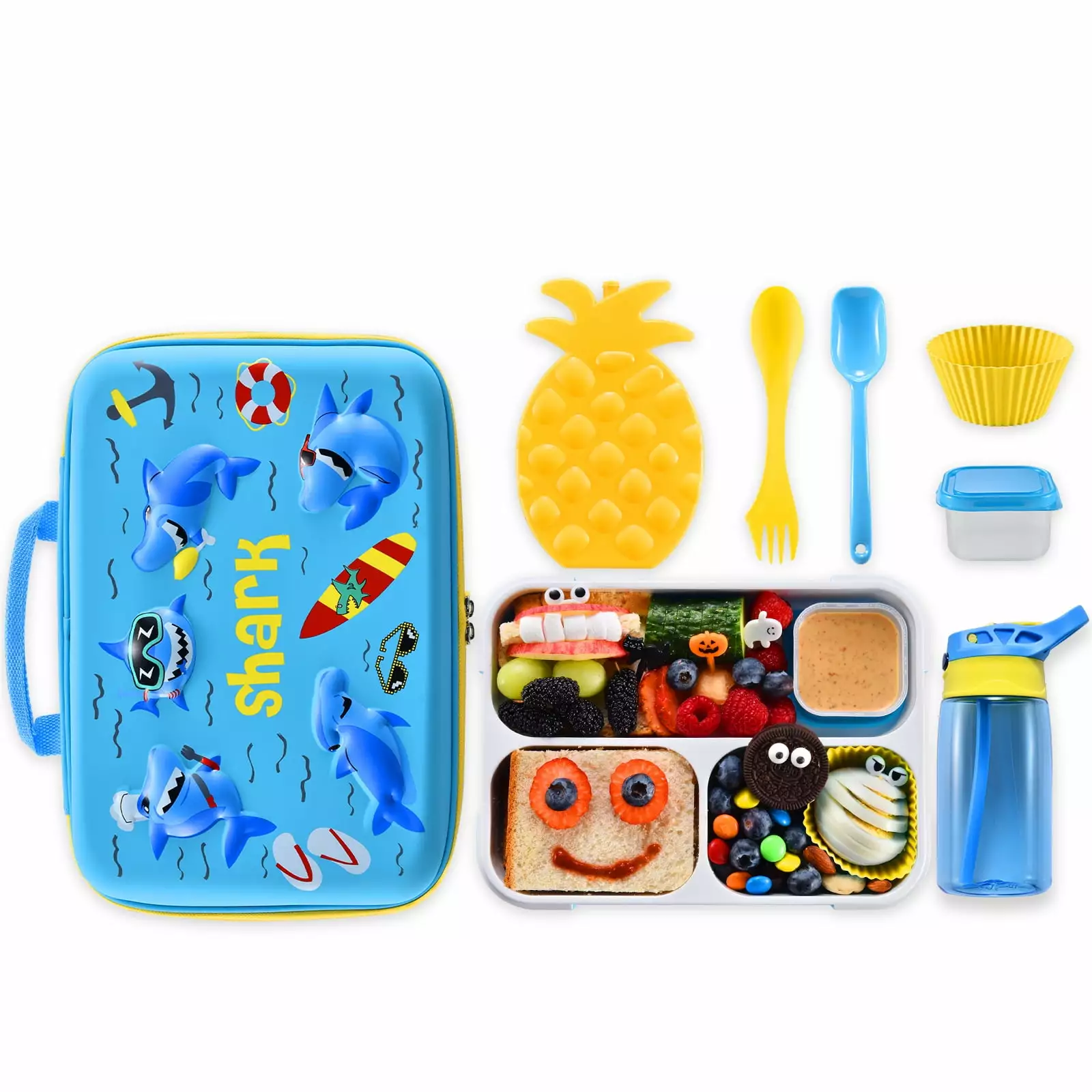 COO&KOO Shark Lunch Bag Set 3D Insulated Cooler Bag Leakproof Water Bottle Ice Pack Spork Spoon Silicone Cups Salad Box Sc...