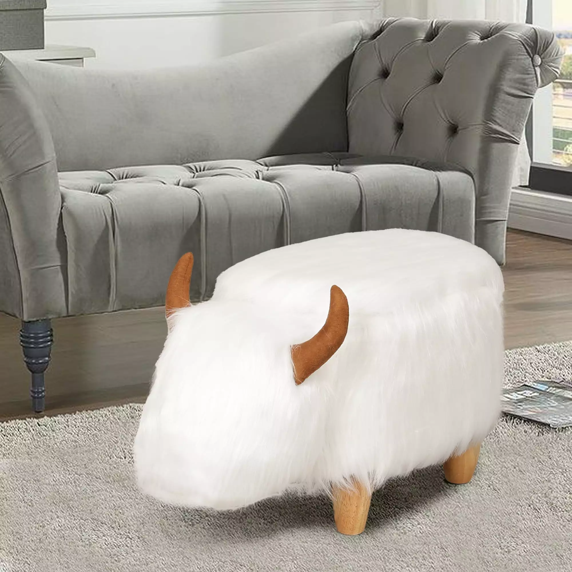 GIA Design Group White Faux Fur Cow Animal Ottoman Storage Kids Room Ottomans