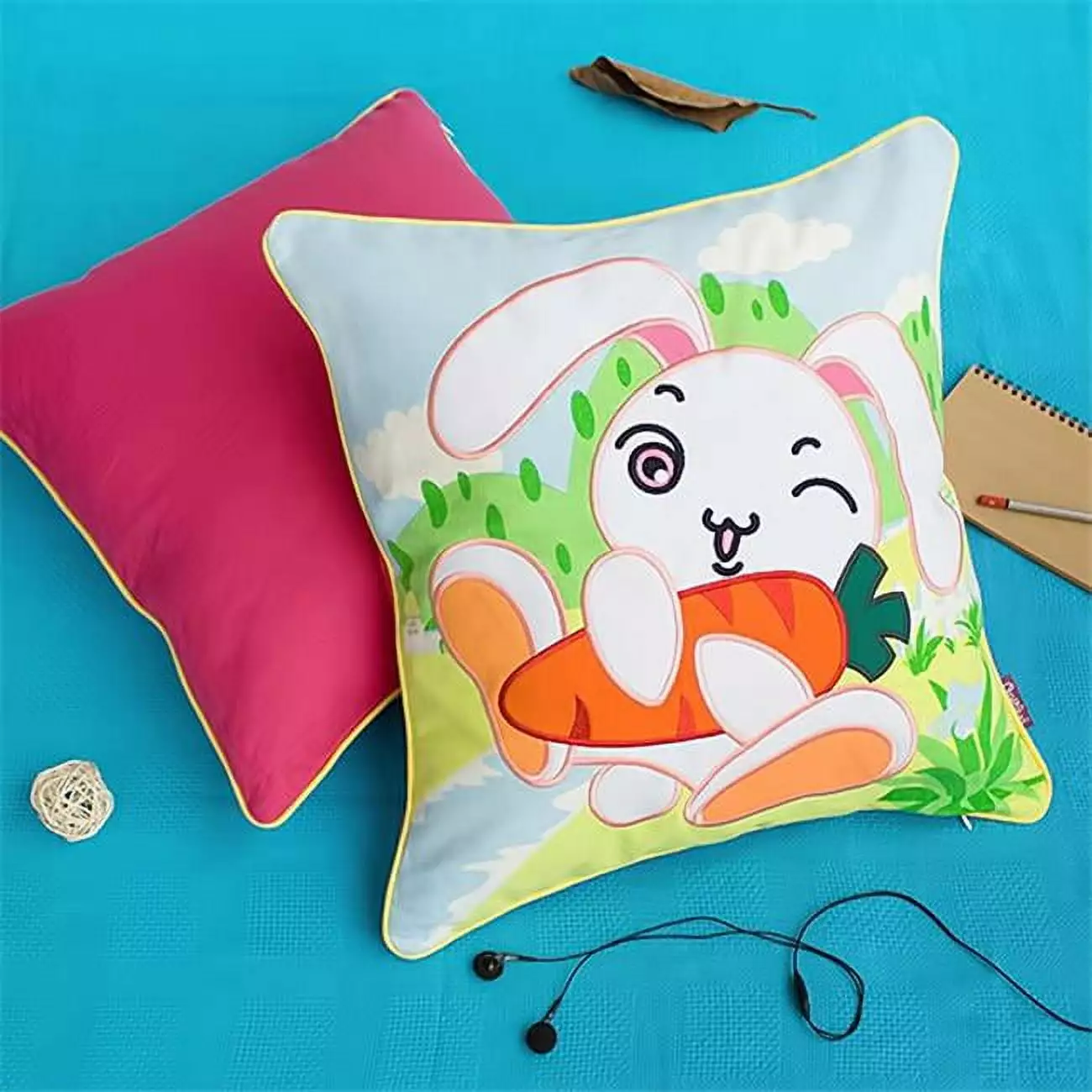Bunny and Carrot Embroidered Applique Pillow Cushion Kids Room Decor Blancho Bedding