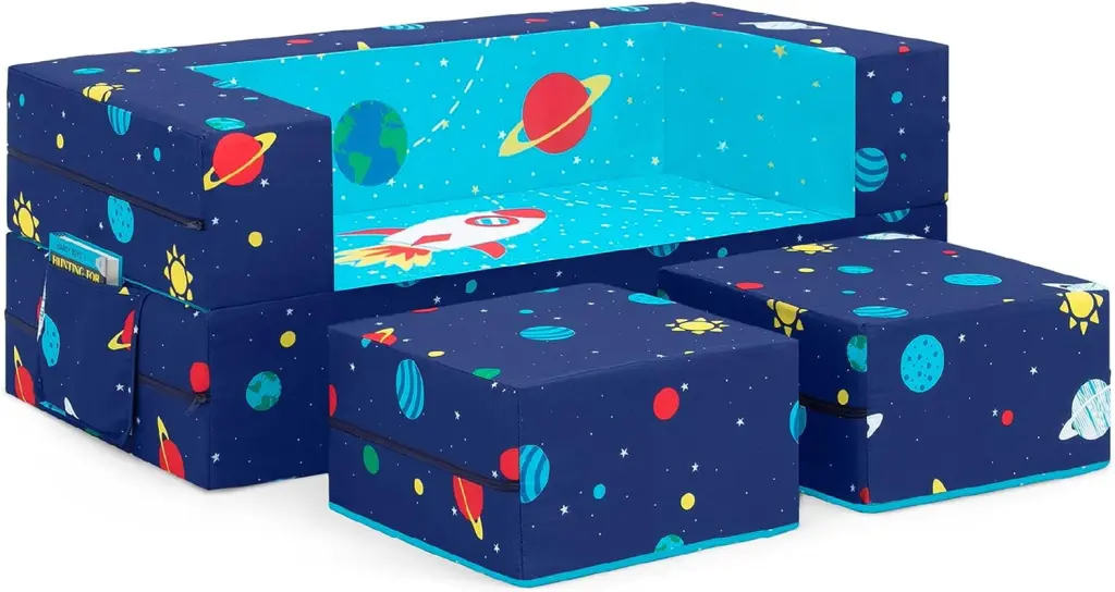 Elegant Children Convertible Sofa and Play Set Kids and Toddlers Modular Foam Couch 2 Ottomans Spaceship Design