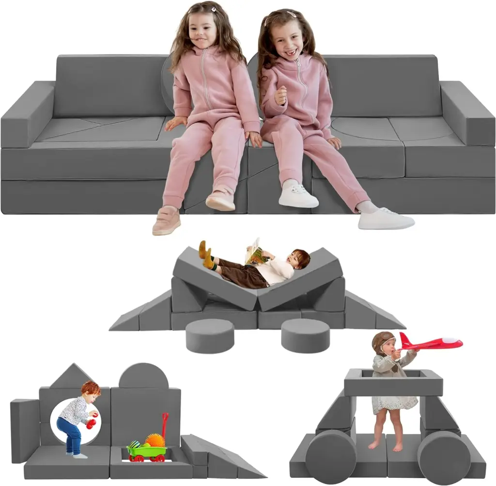 Gray Tykacna 18pcs Kids Couch Building Fort Modular Play Couch Convertible Foam Play Sofa Toddler and Baby Playroom