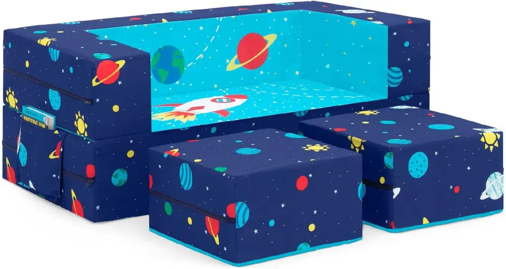 Convertible Sofa and Play Set Kids and Toddlers Modular Foam Couch Flip Out Lounger and 2 Ottomans Spaceship Design YoJoFHM