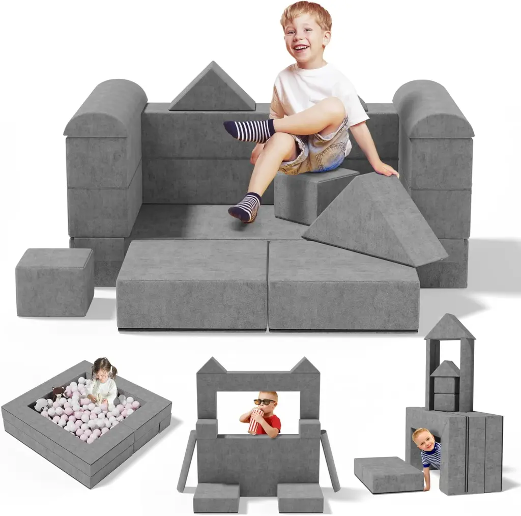 Gray 10Pcs Kids Modular Play Couch Convertible Foam Couch Play Set Ottomans Creative Child YOUFF