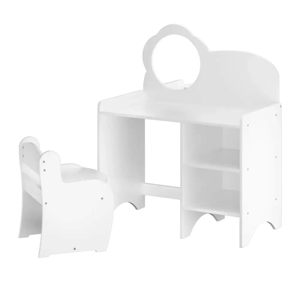 Kids Vanity Table Mirror And Chair, Dressing Makeup Desk Storage Shelves - Chalk