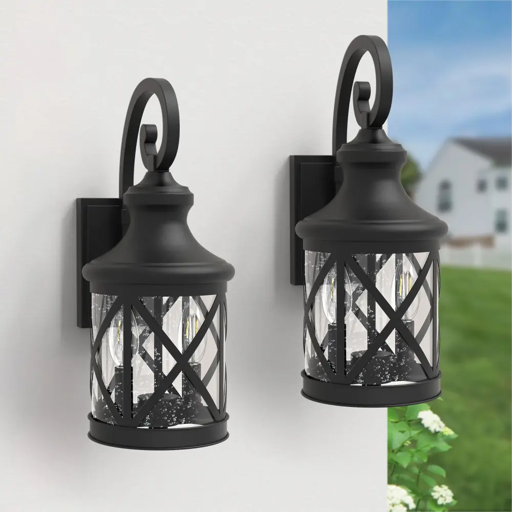 2 - Airy 17''H Black Iron and Aluminum Seeded Glass Etl Outdoor Wall Lantern Dusk to Dawn #7017