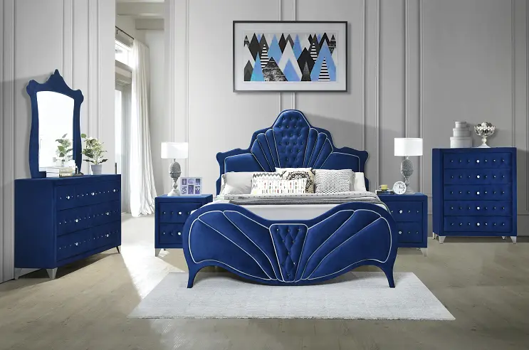 Dante Blue Velvet Eastern King Bed Upholstered Headboard