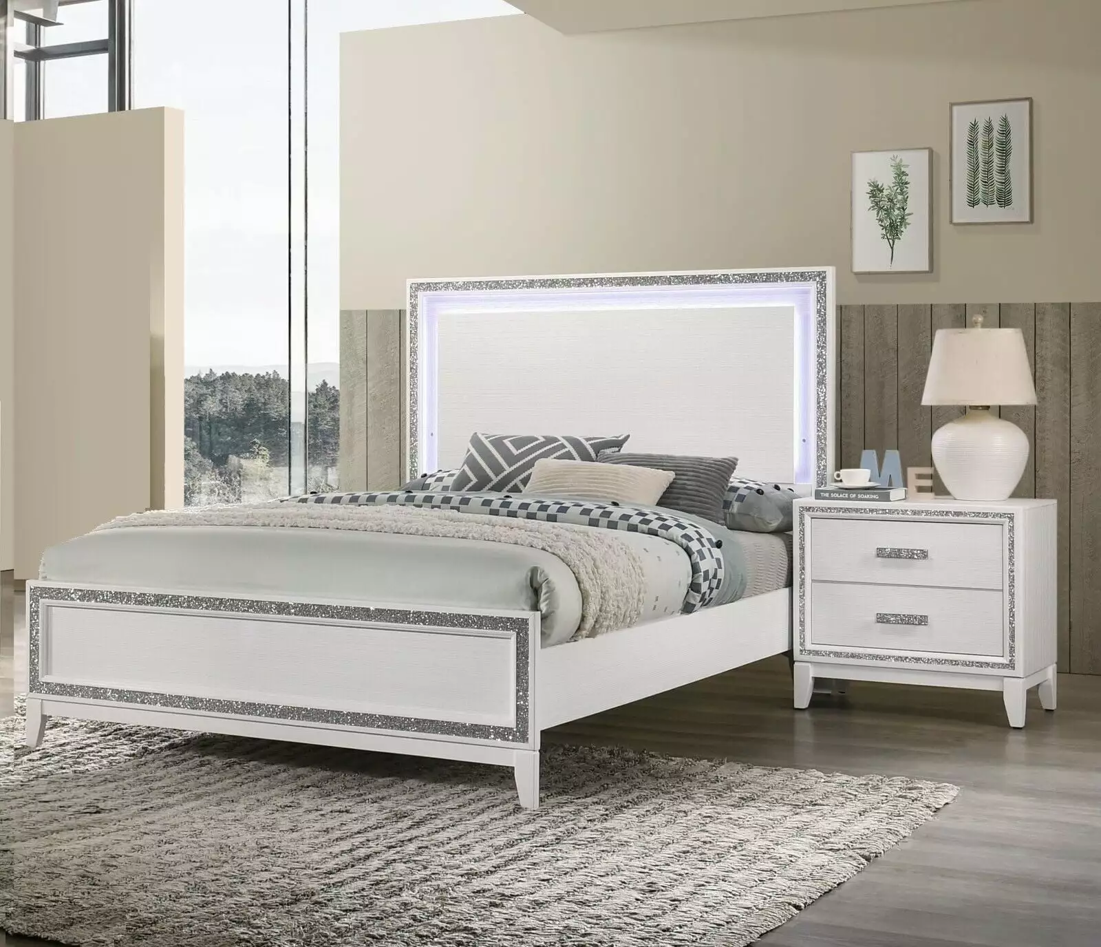 White Finish Bedroom Set 3pc Timeless Design King Panel Bed LED HB Nightstands Wooden Furniture Esofastore