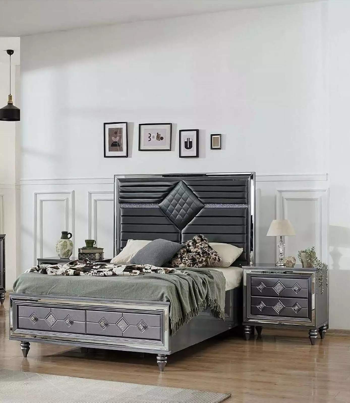 3pc Luxury Dark Gray King Size Bedroom Set LED Headboard Storage Bed and Nightstand Esofastore