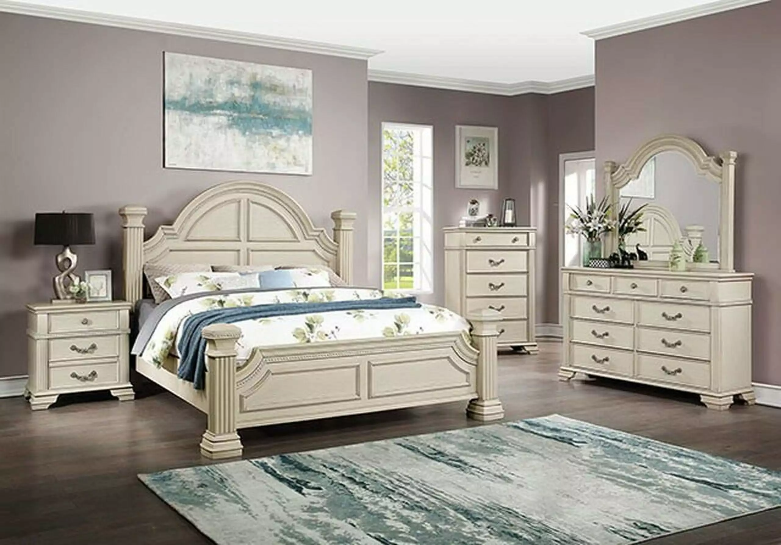 Traditional Antique White 4pc Eastern King Size Bedroom Set Reeded Posts Bed Dresser Mirror and Nightstand Esofastore