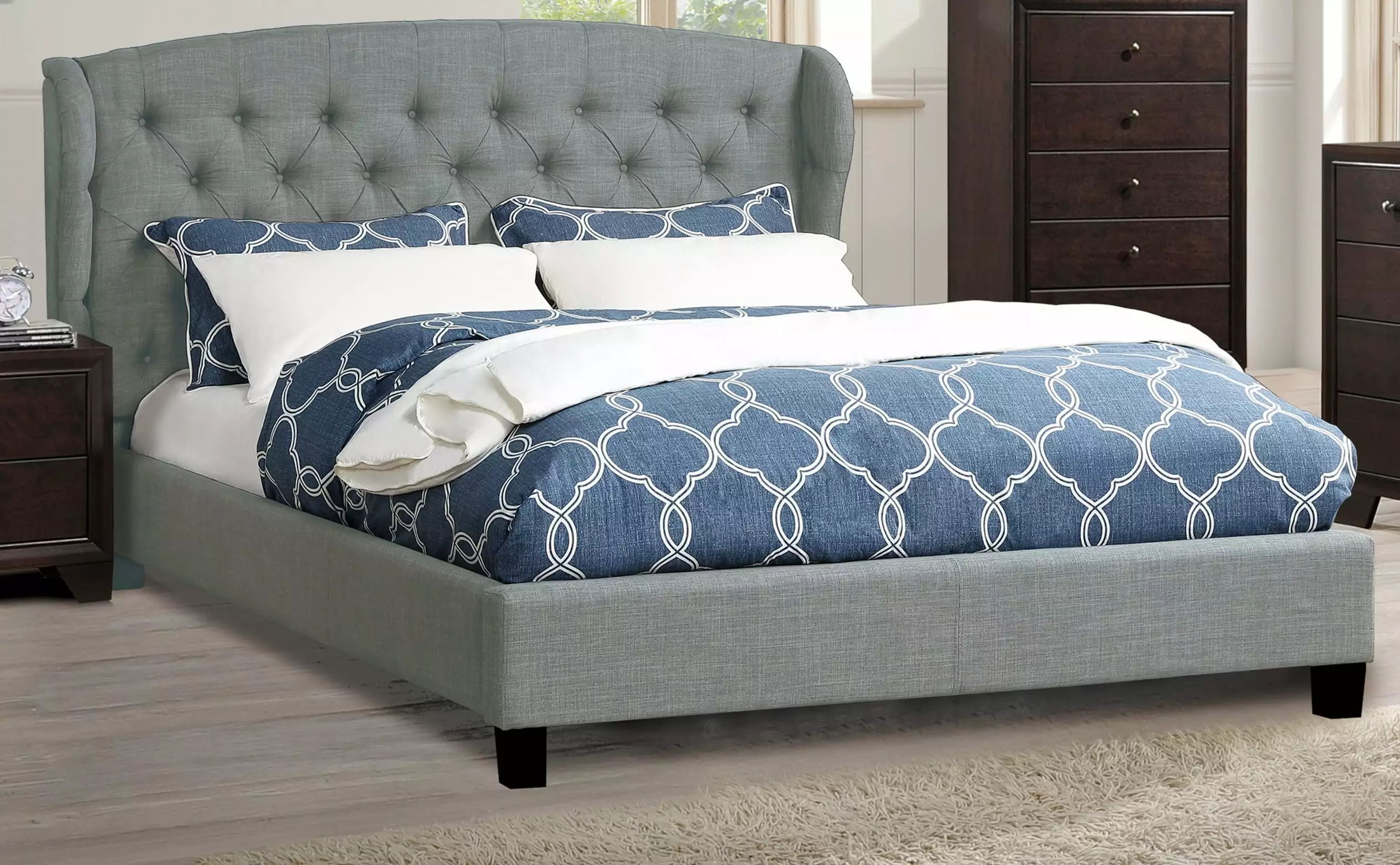 Eastern King Size Grey Polyfiber Bed Tufted Adjustable Wingback Headboard - 1pc Bedroom Set Esofastore