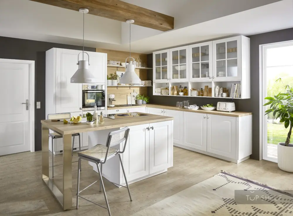 nobilia corner kitchen cooking island Sylt 847 Alpine white dull 310x300 + 210 x110 cm country house style