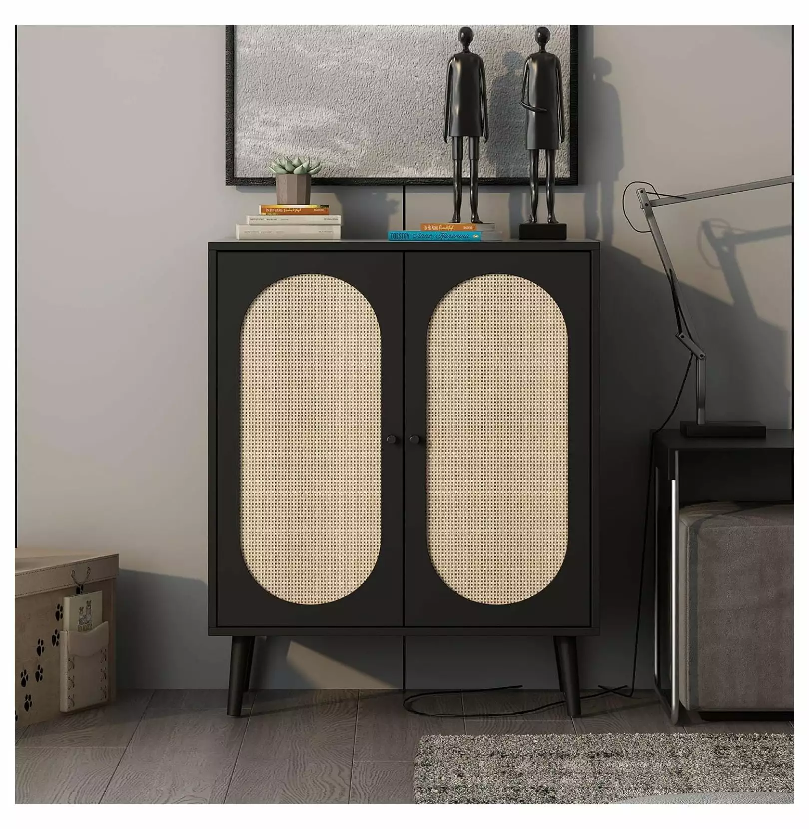 Zengpin Rattan Sideboard Buffet Cabinet Accent Kitchen Storage Cabinet Console Table Adjustable Shelves Console
