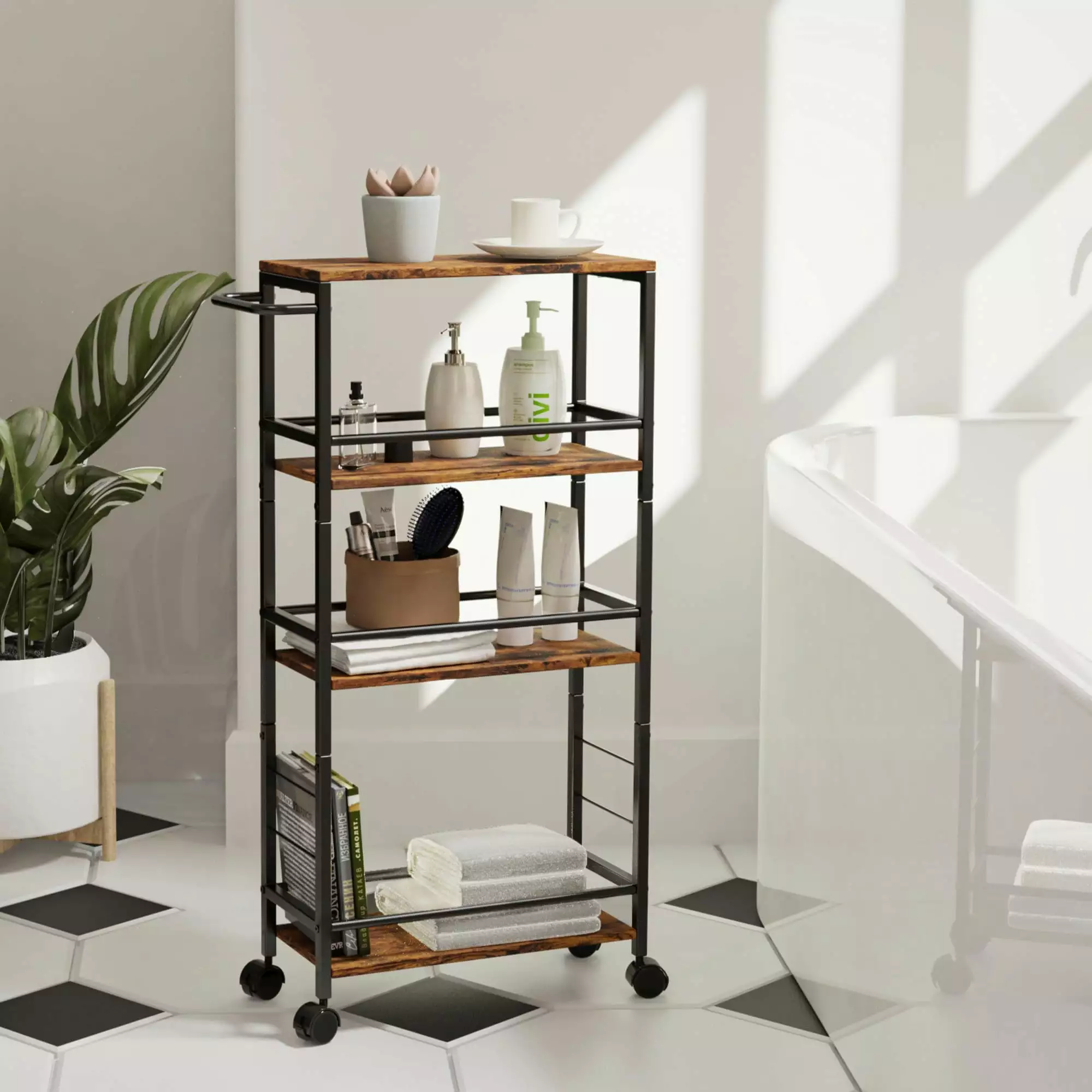 Slim Rolling Cart 4-Tier Black Kitchen Cart on Wheels Narrow Mobile Utility Cart FHWMXDX