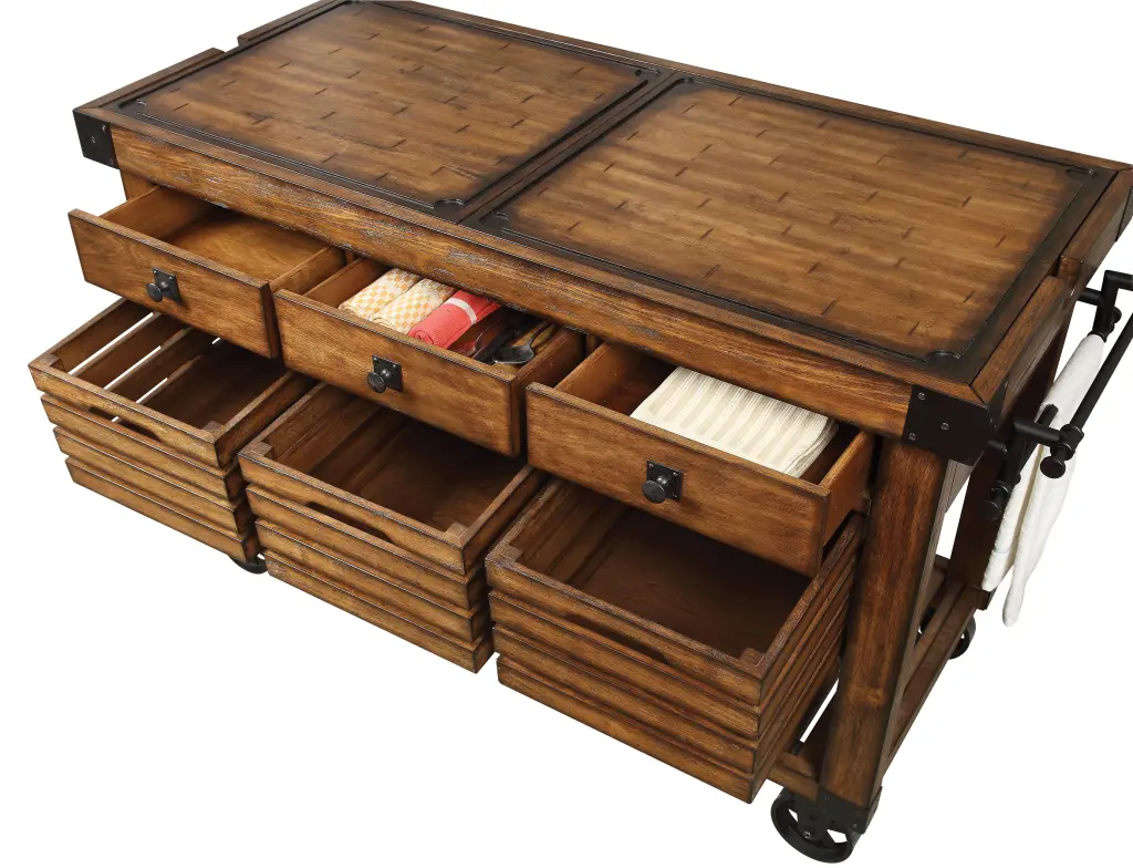 Kaif Distressed Chestnut Kitchen Cart Wheels and Storage