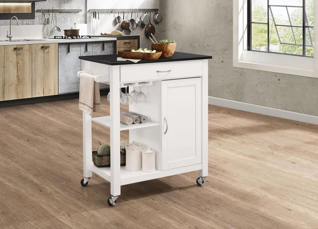 Ottawa Black and White Kitchen Cart Wheels and Storage Shelves