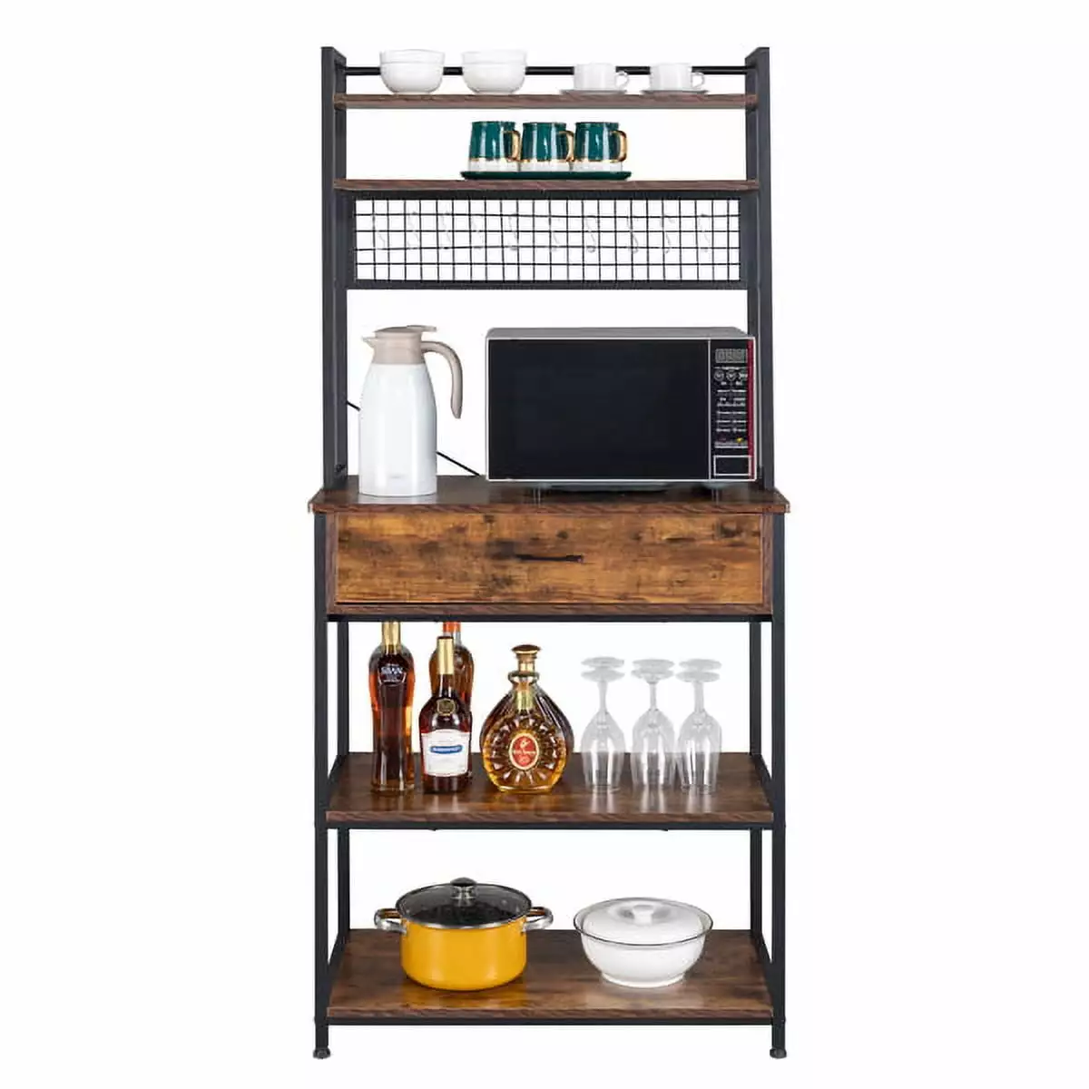 5-Tier Kitchen Bakers Rack 10 S-Hooks and 1 Drawer Rustic Brown YTTX