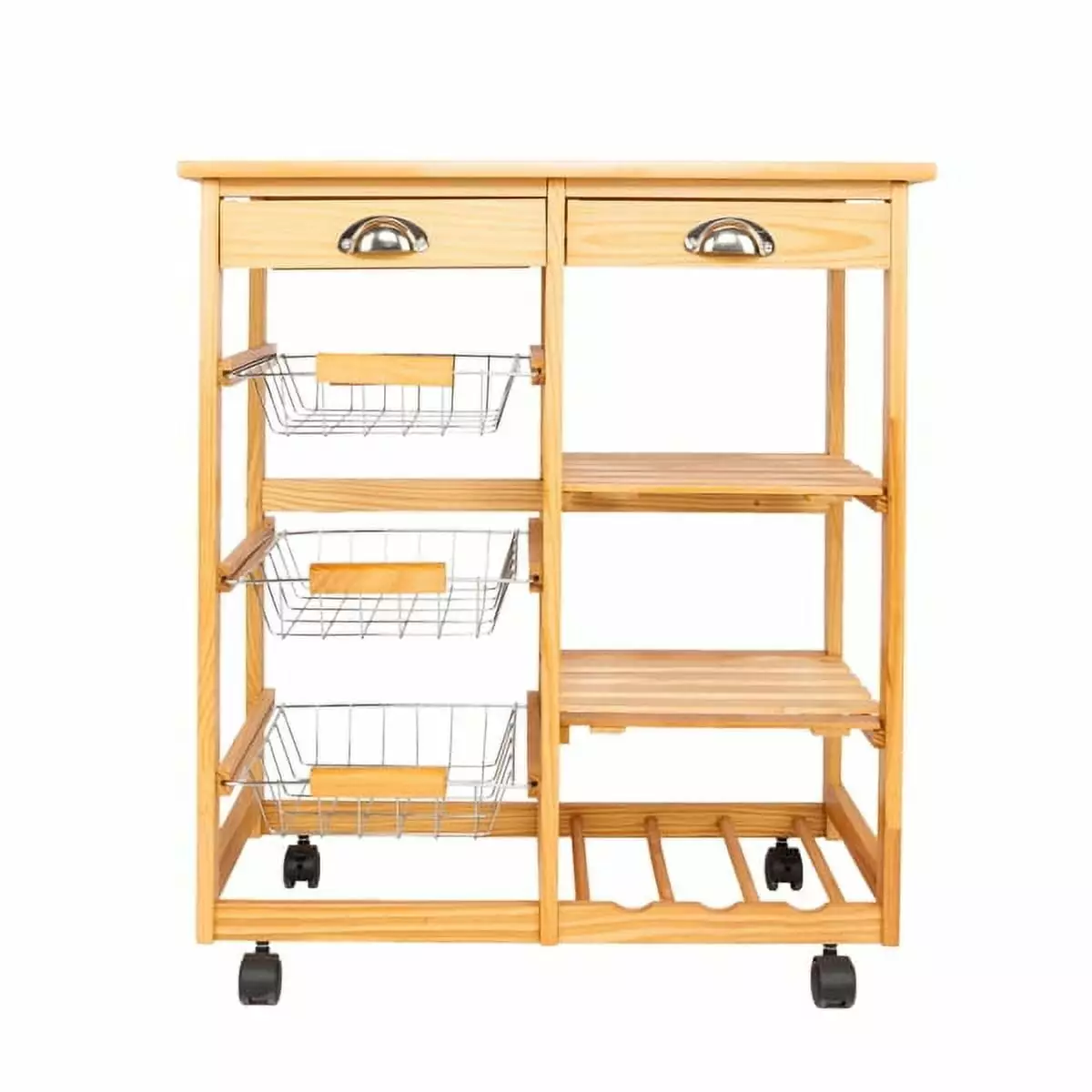 Kitchen Dining Room Cart 2-Drawer Removable Storage Rack Rolling Wheels Wood Color YTTX